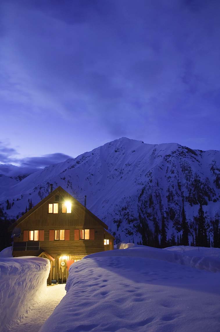 ski lodge at night Selkirk Mountains