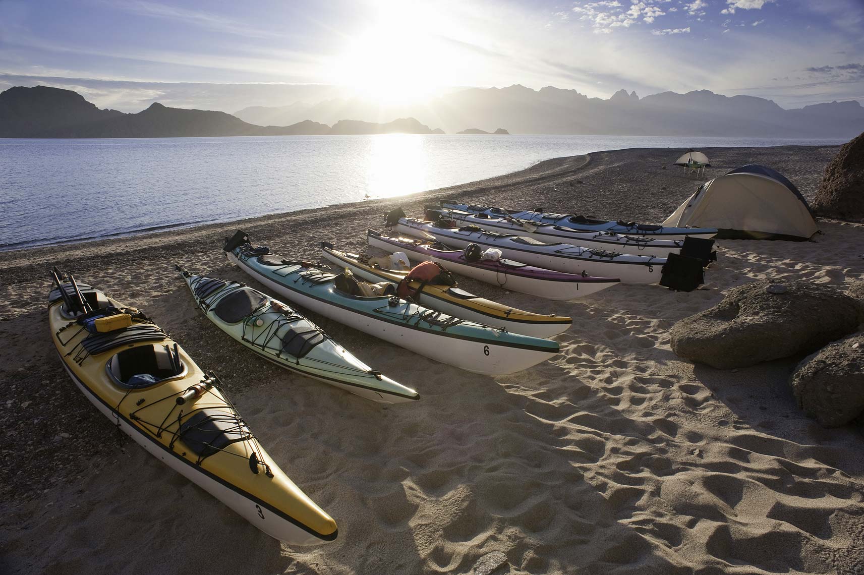 kayaks on beach Baja Mexico